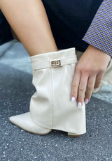 Beige block heel ankle boots