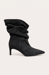 Black ankle boots with thin heels and ruching