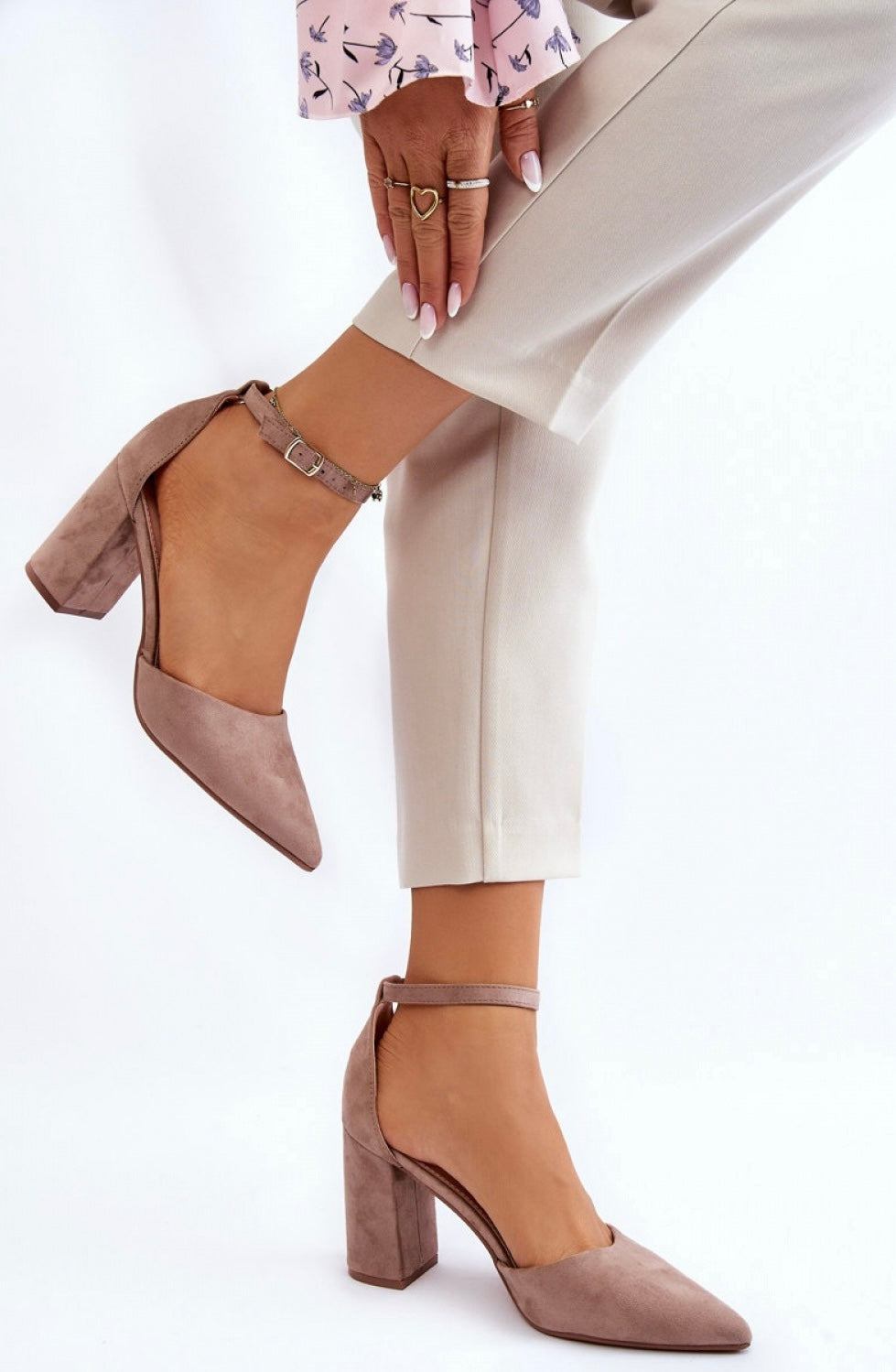 Beige suede block heel sandals