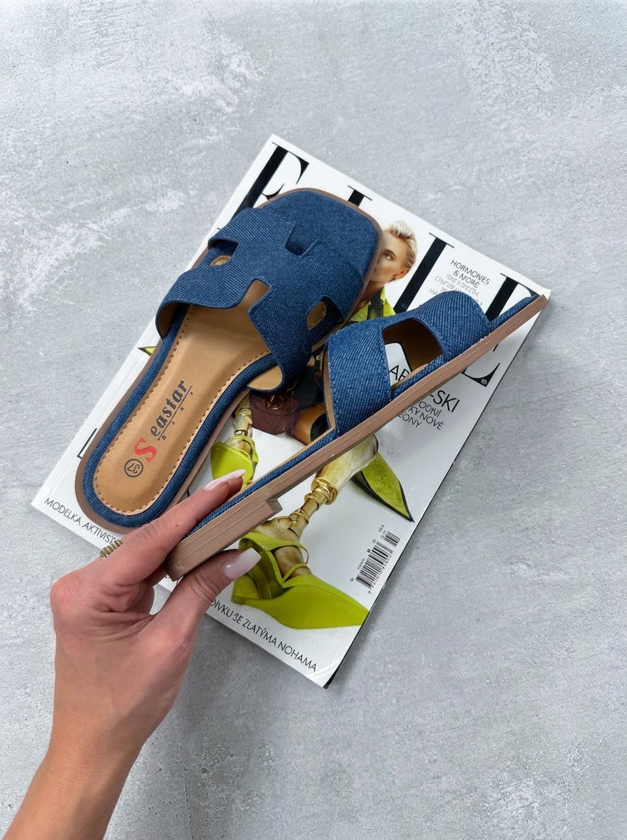 Denim flat slides
