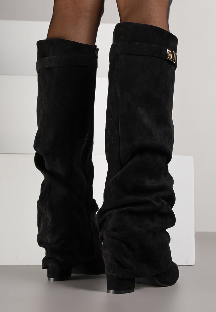 Black suede pleated block heel boots