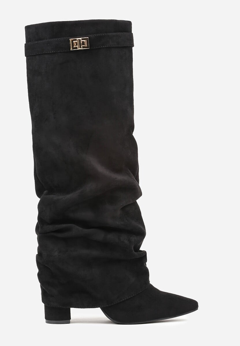 Black suede pleated block heel boots