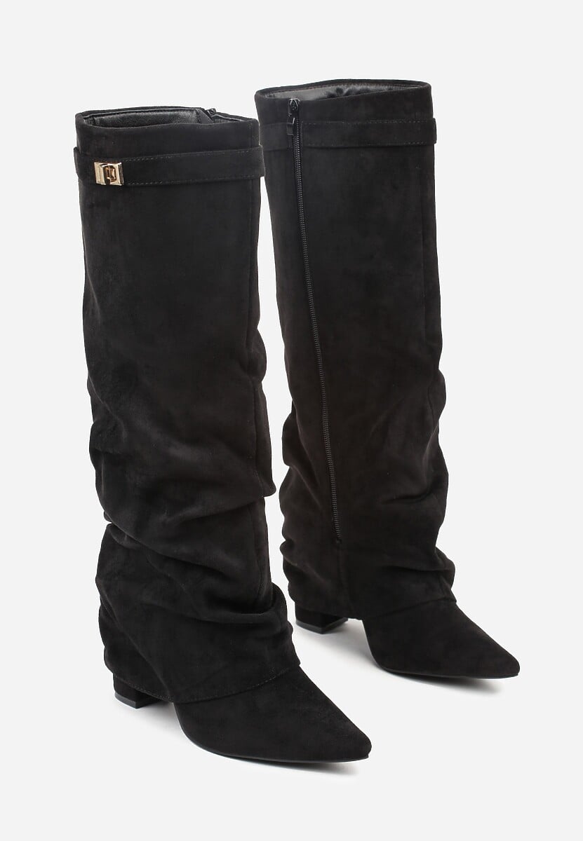 Black suede pleated block heel boots