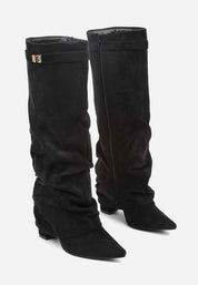 Black suede pleated block heel boots