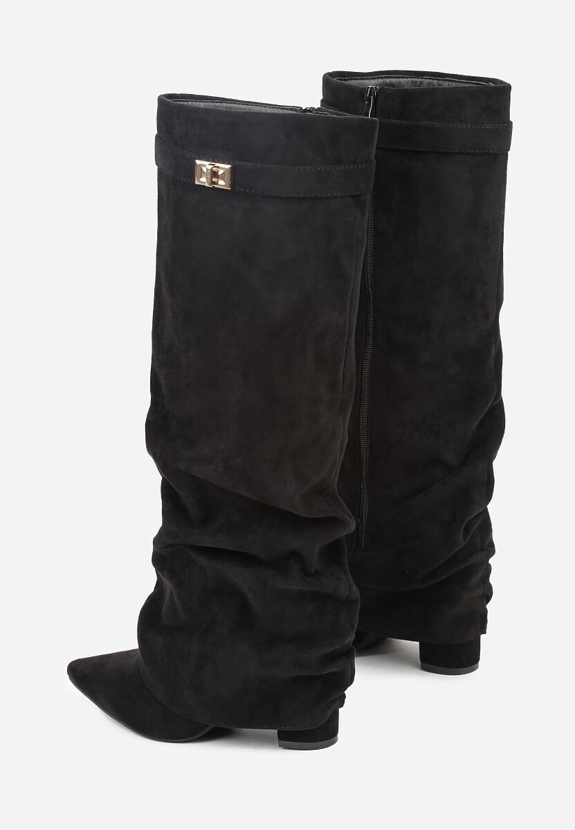 Black suede pleated block heel boots