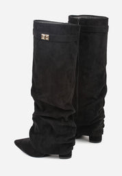 Black suede pleated block heel boots