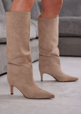 Khaki boots with a thin heel