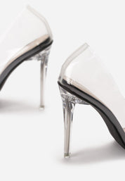 Transparent stiletto pumps with a black sole