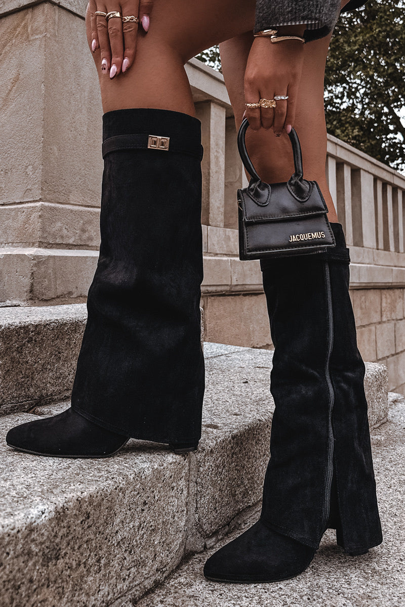 Black brushed block heel boots