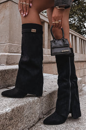Black brushed block heel boots