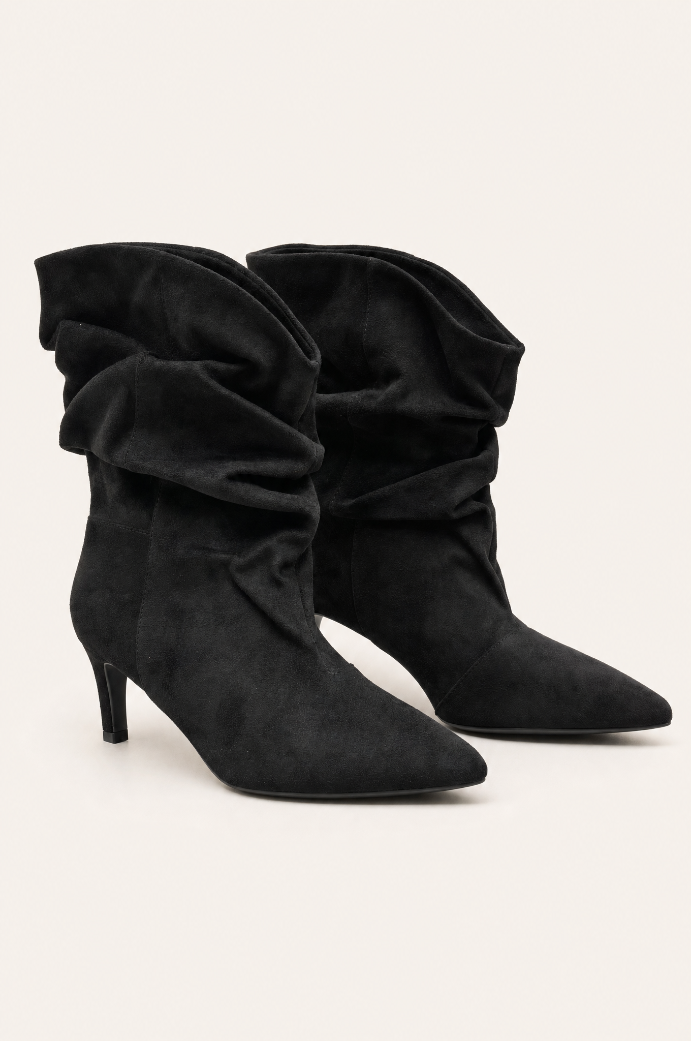 Black ankle boots with thin heels and ruching