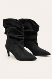 Black ankle boots with thin heels and ruching