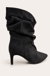 Black ankle boots with thin heels and ruching