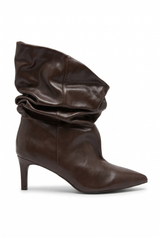 Black ankle boots with thin heels and ruching