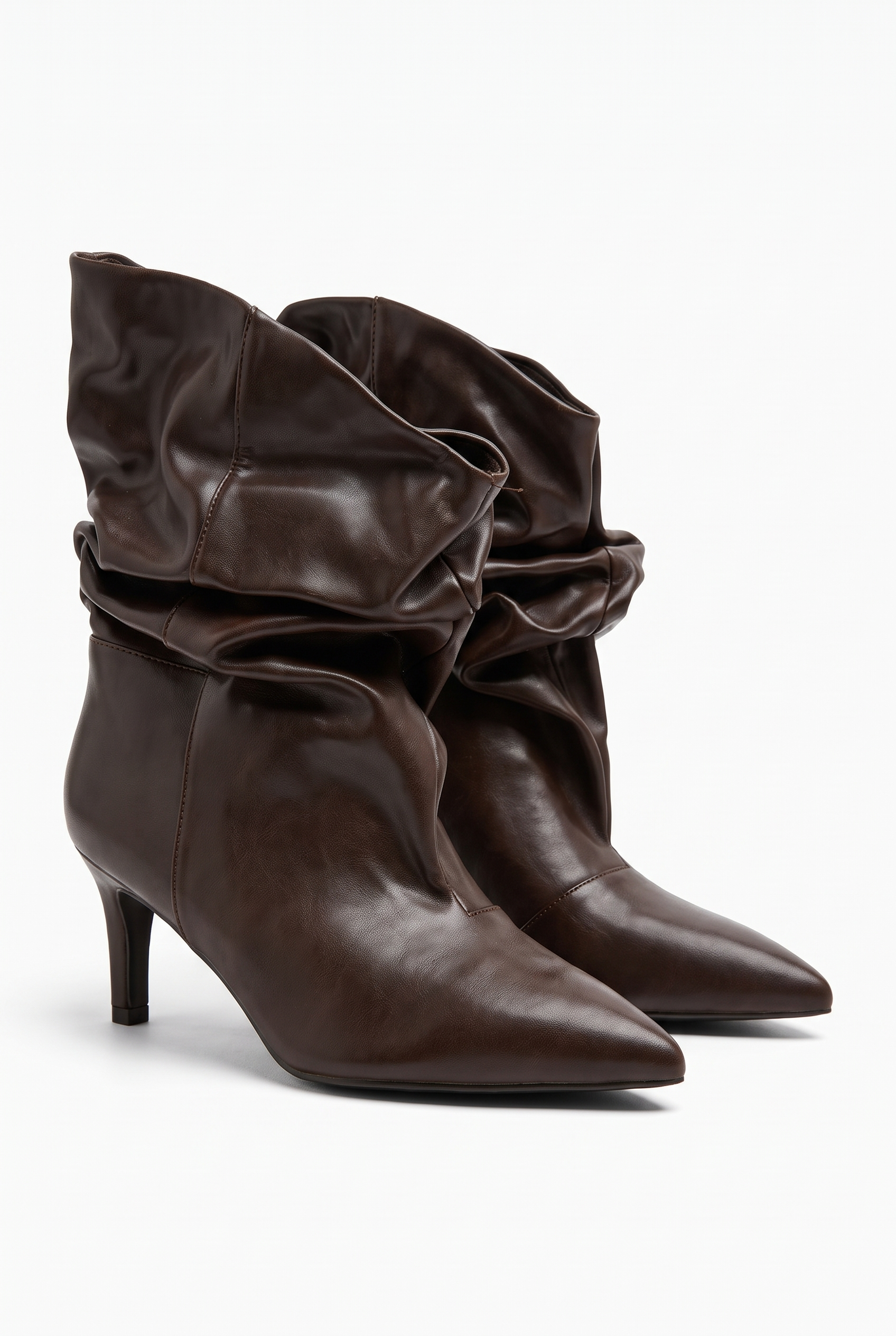 Black ankle boots with thin heels and ruching